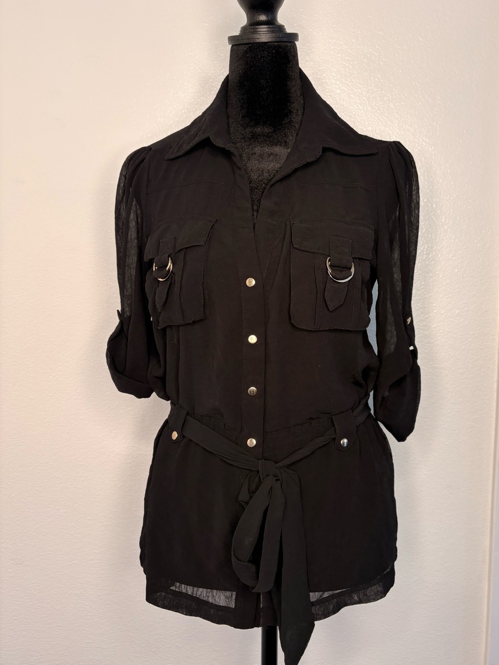 bebe Black Sheer Button-Front Tie-Waist Blouse